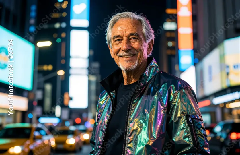 Smiling Mature Man in Reflective Jacket on City Street at Night