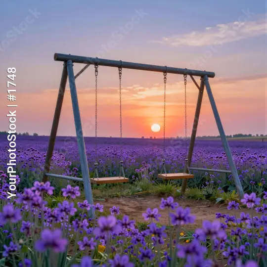 Serene Sunset Over Purple Flowers swing set field