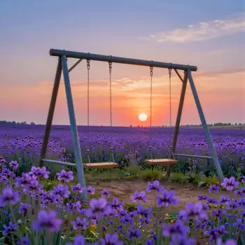 Serene Sunset Over Purple Flowers swing set field