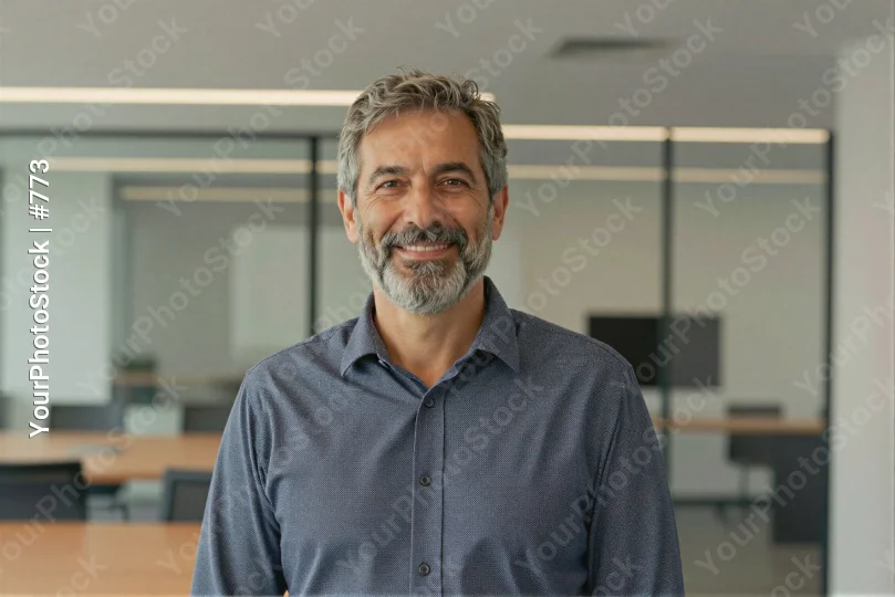 Middle-aged man smiling in office beard mustache