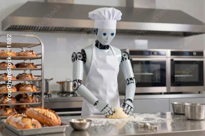 Robot Chef Baking Bread Rolls kitchen modern apron