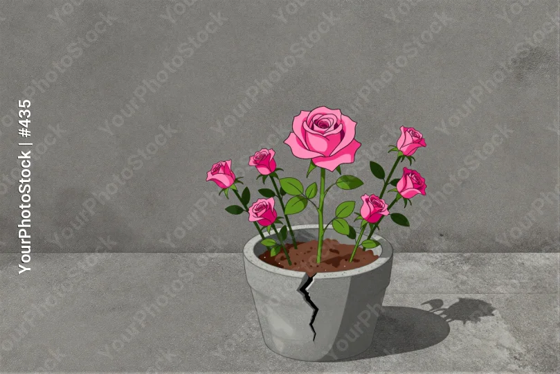 Pink Roses in Cracked Pot on Gray Wall pink flowers