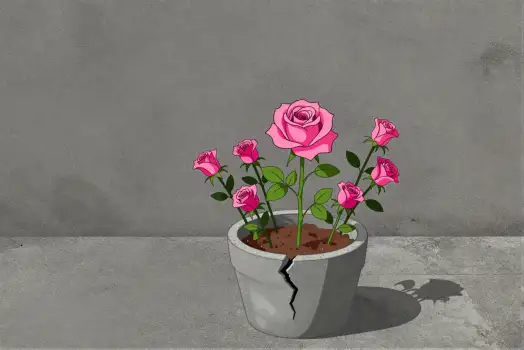 Pink Roses in Cracked Pot on Gray Wall pink flowers