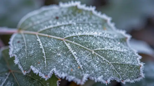 Frost-covered Maple Leaf winter outdoor close-up