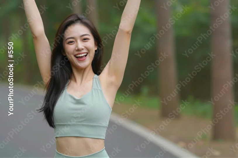 Happy young woman raising arms in park sports bra fitness