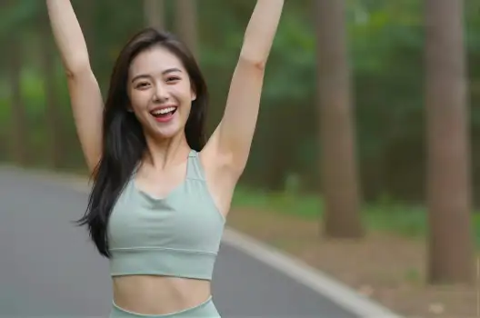 Happy young woman raising arms in park sports bra fitness