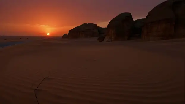Desert Landscape at Sunset orange pink sky rock formation