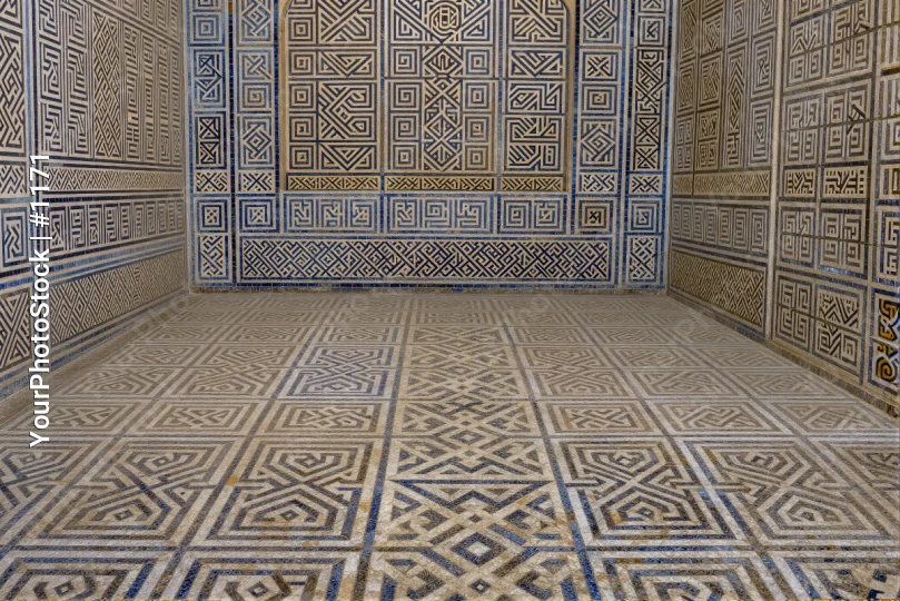 Empty Room with Blue and White Geometric Tiles