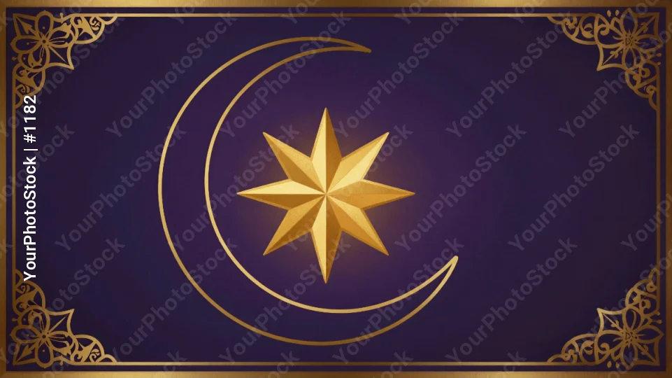 Golden Crescent Moon with Star Design on Dark Blue Background