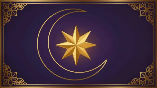 Golden Crescent Moon with Star Design on Dark Blue Background