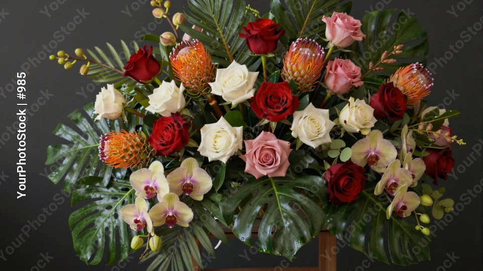 Vibrant Flower Arrangement in Wood Vase roses