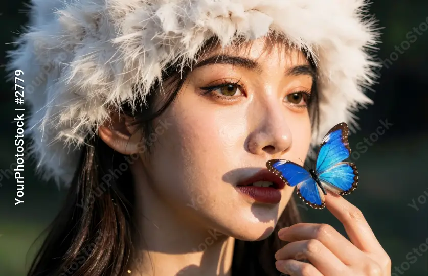 Butterfly on Woman's Finger young asian woman