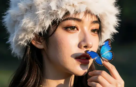 Butterfly on Woman's Finger young asian woman
