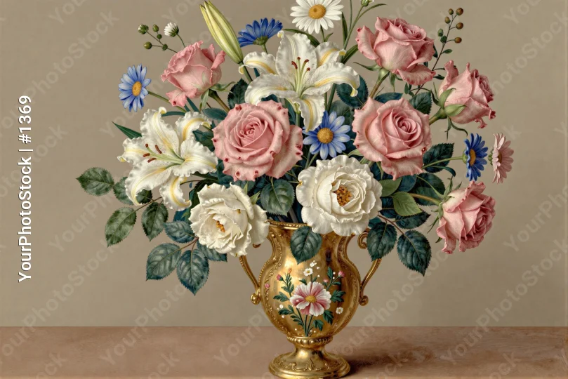 Flowers in Gold Vase on Wooden Table bouquet beige background