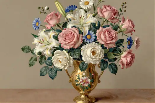 Flowers in Gold Vase on Wooden Table bouquet beige background
