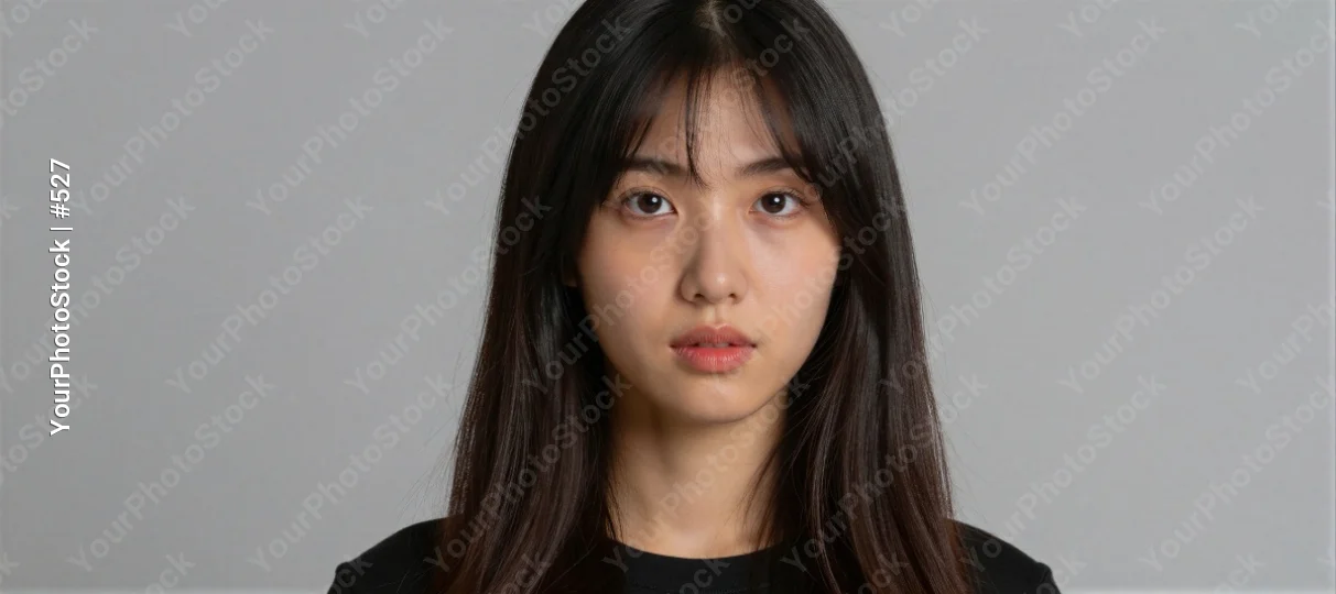 Serious Young Woman with Long Dark Hair Looking Directly at Camera asian woman