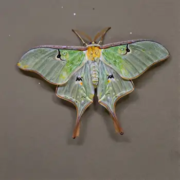 Close-up of Luna Moth with Green Body and Yellow-Black Wings