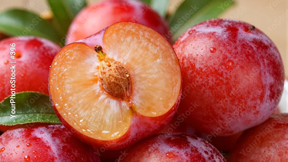Red Plums and Peach Slice on Wood water droplets