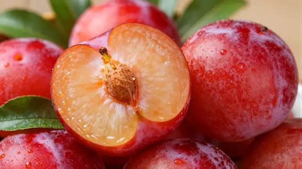 Red Plums and Peach Slice on Wood water droplets