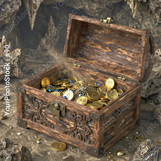 Old Wooden Chest Revealing Treasure in Dark Cave