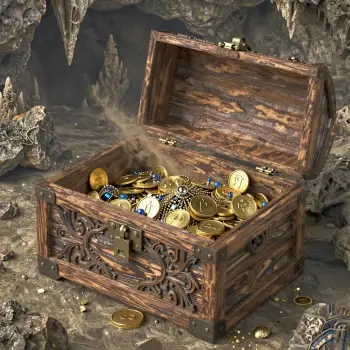 Old Wooden Chest Revealing Treasure in Dark Cave