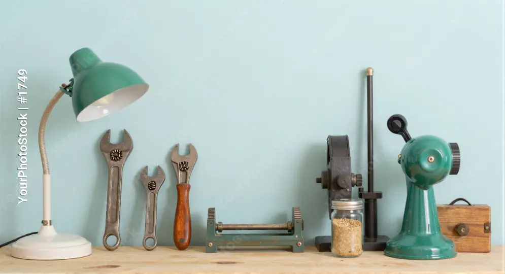 Wooden Shelf with Tools and Sewing Machine workshop
