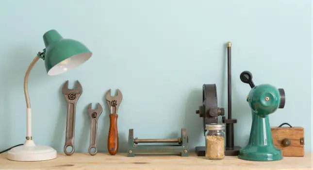 Wooden Shelf with Tools and Sewing Machine workshop