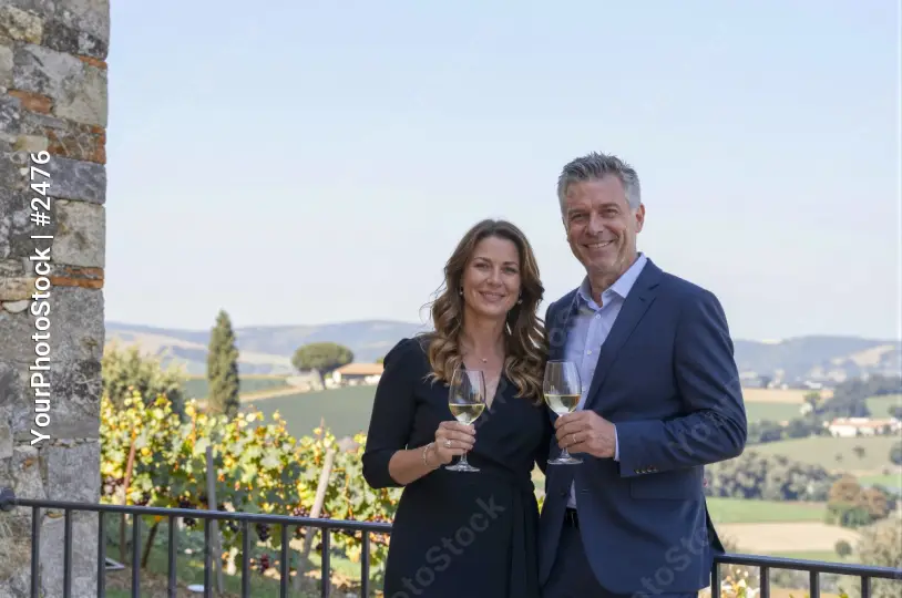 Man and Woman Smiling at Camera Overlooking Vineyard