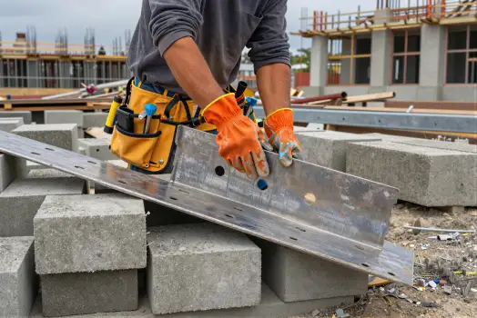 Construction Worker Cutting Metal Sheet at Site