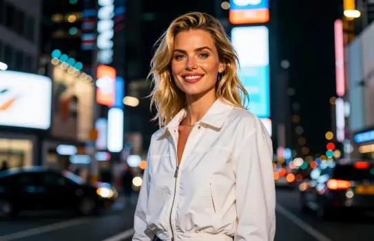 Smiling Young Woman on City Street at Night