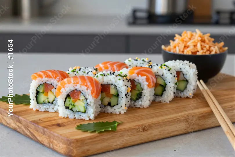Wooden Cutting Board with Sushi Rolls white rice