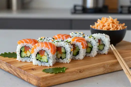 Wooden Cutting Board with Sushi Rolls white rice