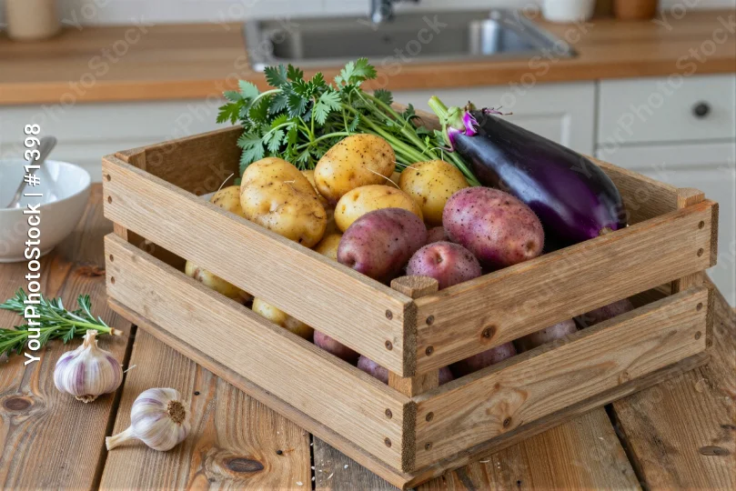 Fresh Vegetables in Wooden Crate on Kitchen Countertop