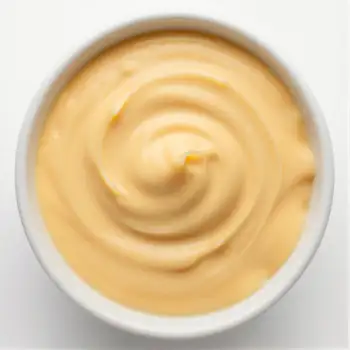 Creamy Yellow Sauce in White Bowl close-up swirl