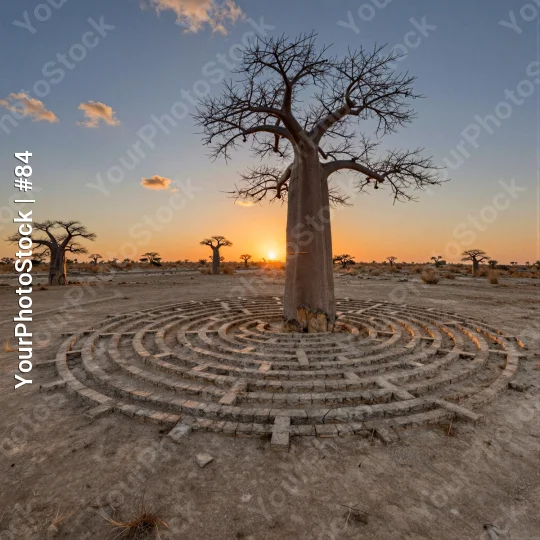 Baobab Tree in Desert Maze at Sunset stone landscape