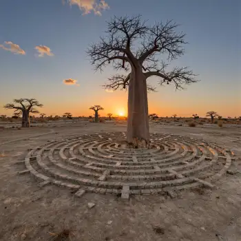 Baobab Tree in Desert Maze at Sunset stone landscape