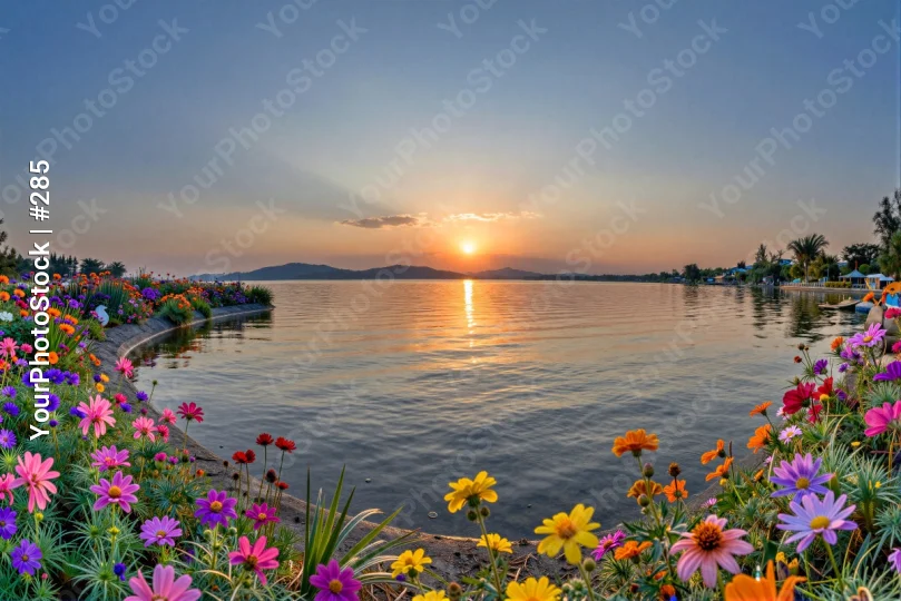 Lake at Sunset with Flower Border flowers calm