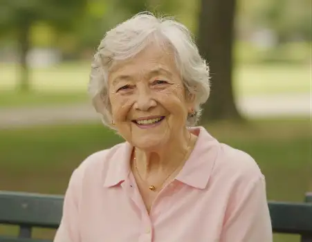 Happy Elderly Woman Smiling on Park Bench natural setting