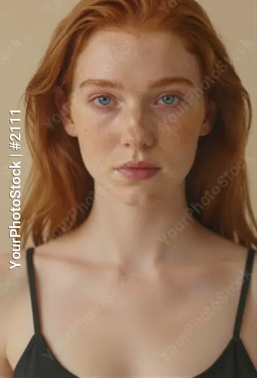 Serious Young Woman with Red Hair Looking at Camera model