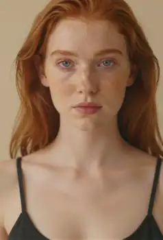 Serious Young Woman with Red Hair Looking at Camera model