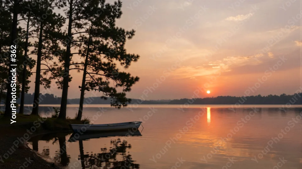 Lake at Sunset with Pine Trees and Boat reflection