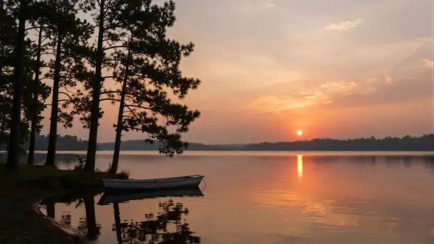 Lake at Sunset with Pine Trees and Boat reflection