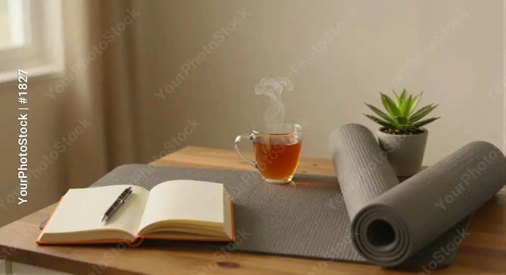 Yoga Mat and Tea Setup on Wooden Table notebook