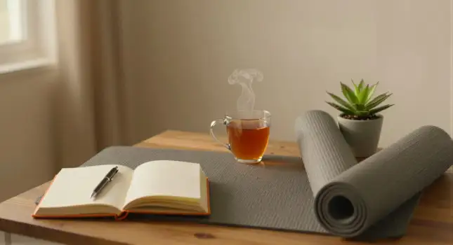 Yoga Mat and Tea Setup on Wooden Table notebook
