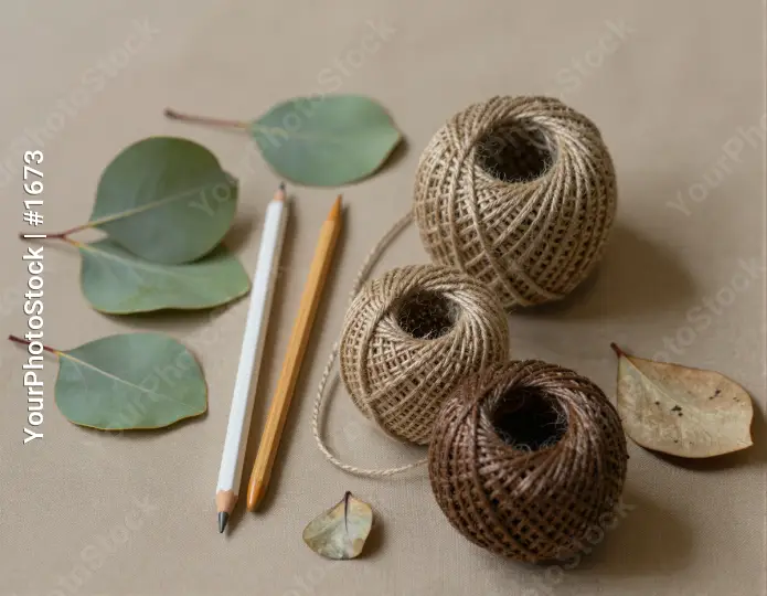 Twine, Pencil, Eucalyptus Leaves on Beige Background