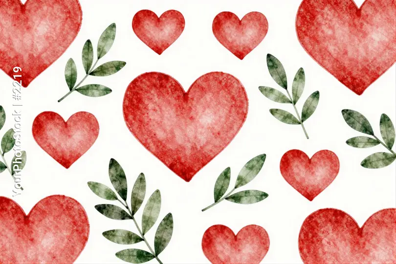 Red Hearts and Green Leaves Seamless Pattern white background