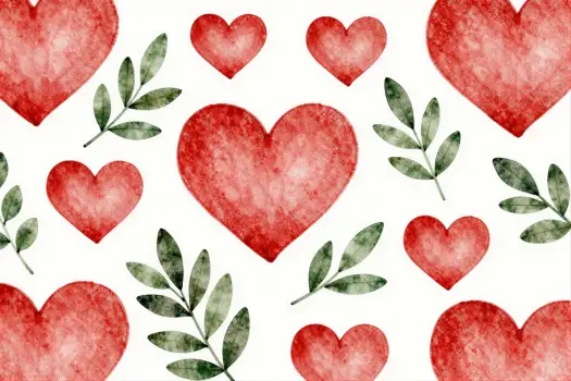 Red Hearts and Green Leaves Seamless Pattern white background