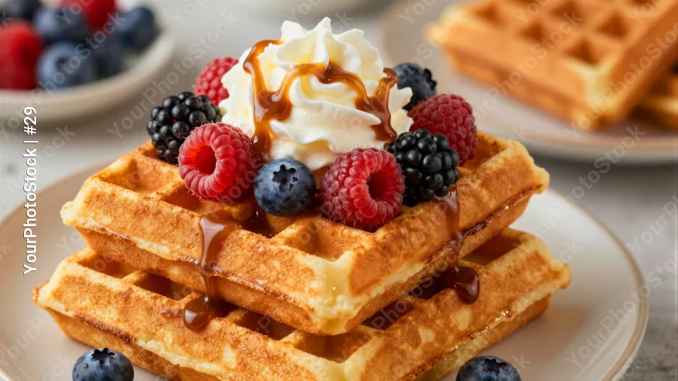Stack of Golden Brown Waffles with Whipped Cream and Berries
