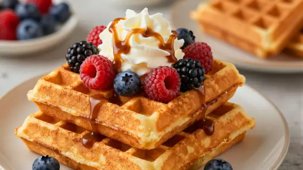 Stack of Golden Brown Waffles with Whipped Cream and Berries
