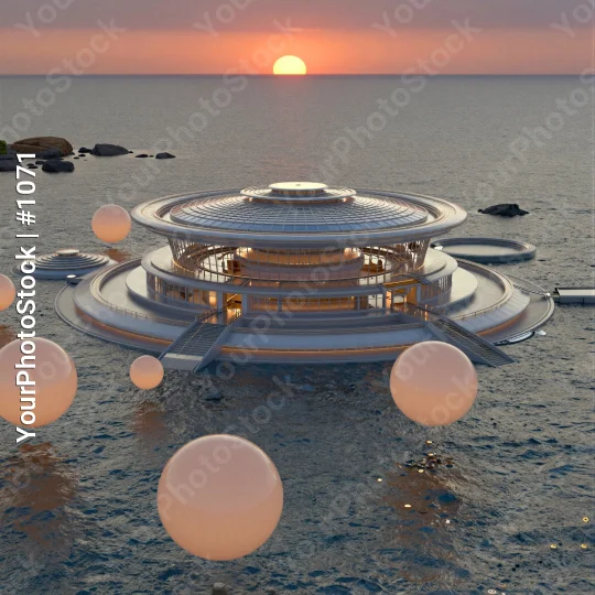 Futuristic Floating City at Sunset ocean cityscape